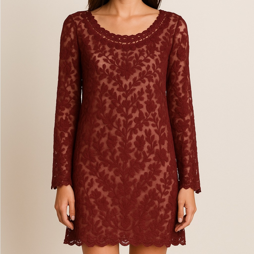 Free People Burgundy Sheer Lace Tunic Mini Dress XS Boho Boxy Fit